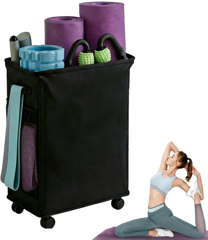 Funvalley Surperfect Yoga Mat Holder, Gym Mats Storage Rack with Wheels, Foldable Fitness Equipment Organizer for Home Gym Decor – Holds 4 Mats, 2 Foam Rollers, 6 Bands, with Mesh Pockets