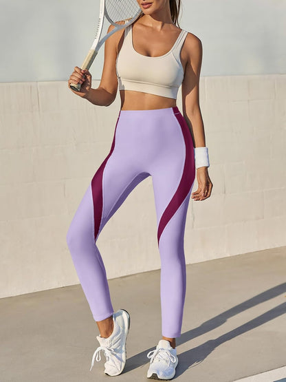 Fisoew Womens High Waisted Leggings Color Block Yoga Pants Workout Running Stretchy No See Through Leggings