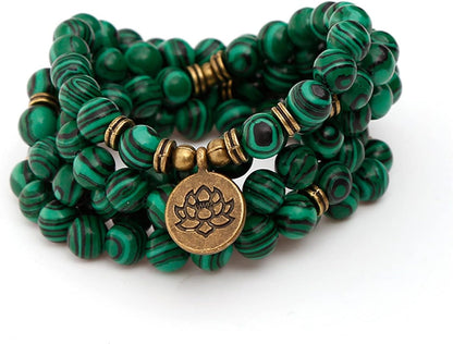 Mala Bead Strand Bracelet, 108 Buddhist Prayer Beads Yoga Meditation Green Malachite Beads Necklace Women man
