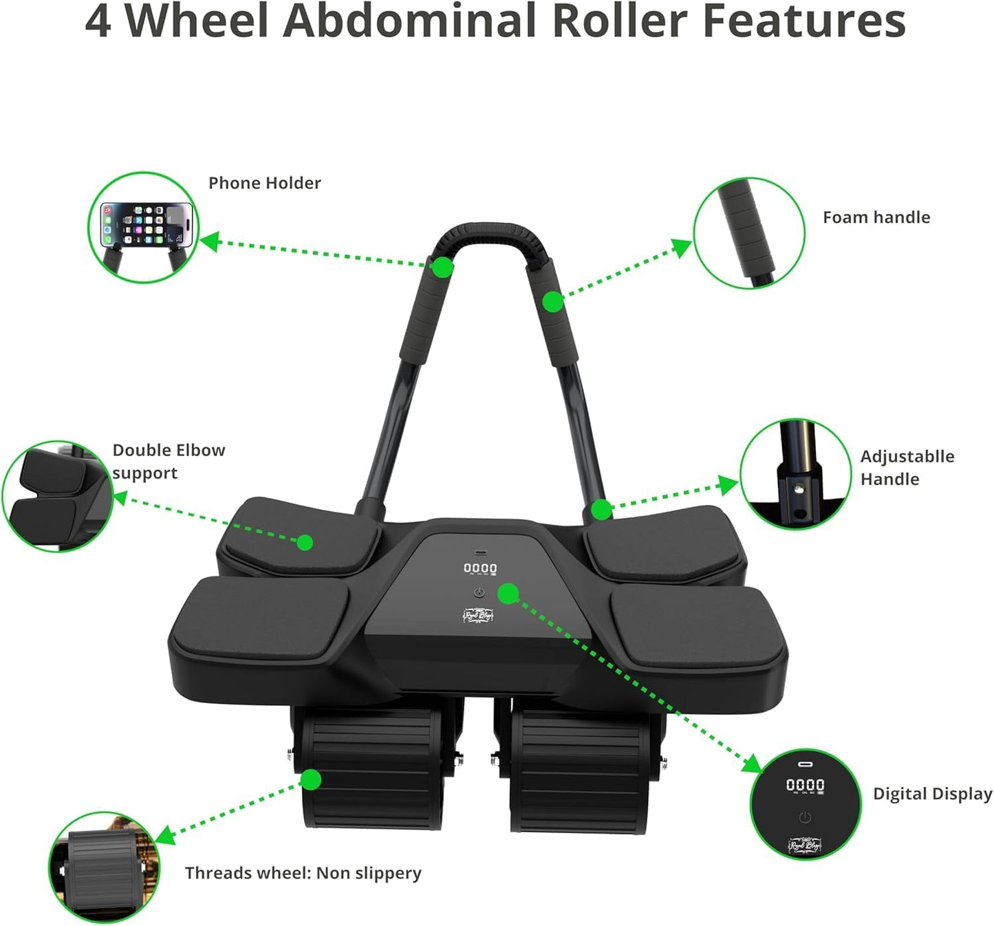 Ab Roller Home Gym Equipment – 4 Wheels Ab Wheel Muscle Roller with Automatic Rebound, Yoga Stretching Strap, 3 Resistance Bands – Comfortable Elbow Support with Non-Slip Handles – Built-in Workout Tracker