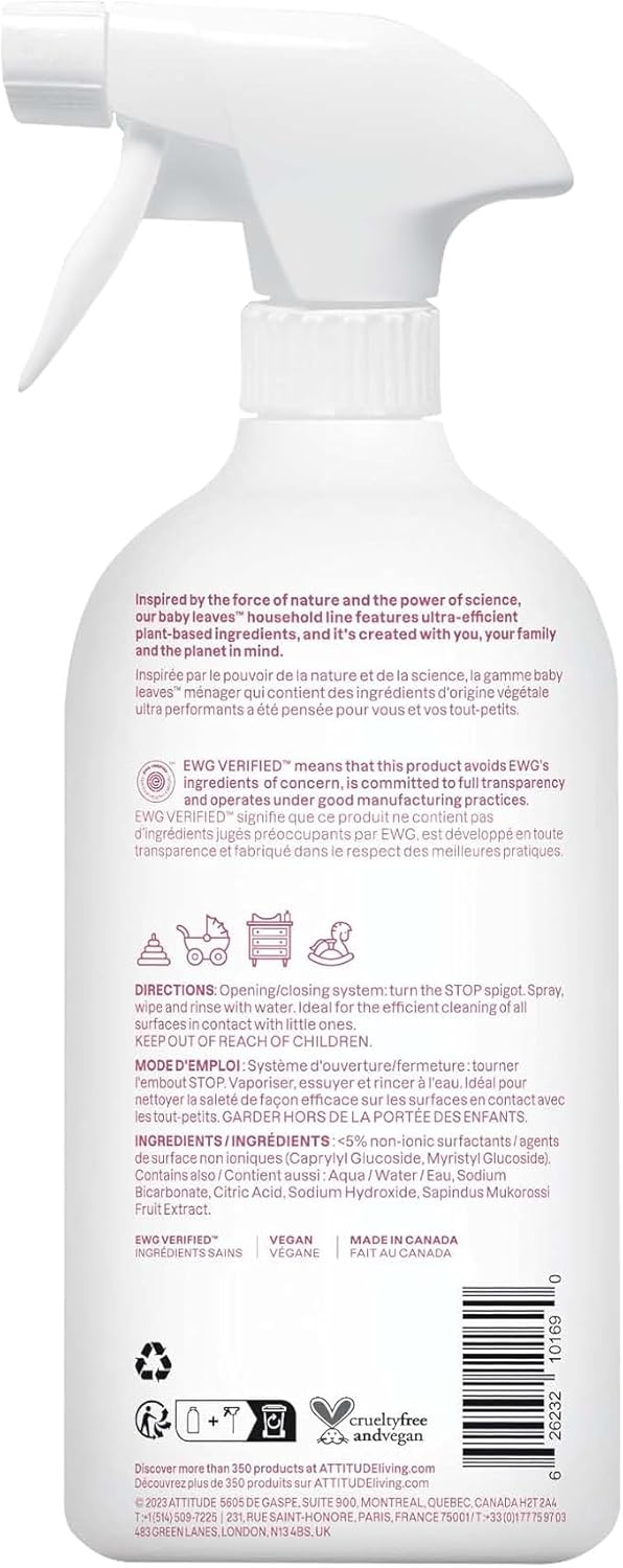 ATTITUDE Baby & Kids Toy Cleaner Spray, EWG Verified, Multi-Surface Cleaner for Toys, High Chairs & Play Areas, Naturally Derived, Vegan, Unscented, 27.1 Fl Oz
