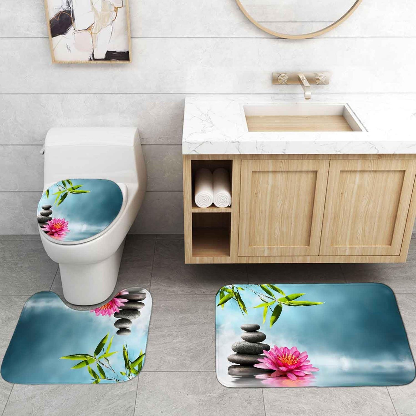 4PCS Spa Zen Shower Curtain Sets with Rugs, White Shower Curtain, Pink Floral Orchid Lotus Water Lily Stone Bamboo Water Reflection Yoga Massage Relaxing Spiritual Meditation Bathroom Decor