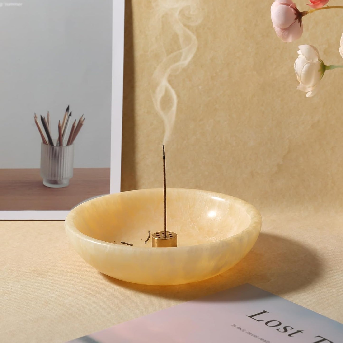 Koville Natural Marble Incense Holder, Incense Holder for Sticks with 9 Holes, Handmade Incense Burner Ash Catcher for Meditation Yoga SPA, Balsam Fir/Palo Santo/Sage/Cone (RoyalBeige)