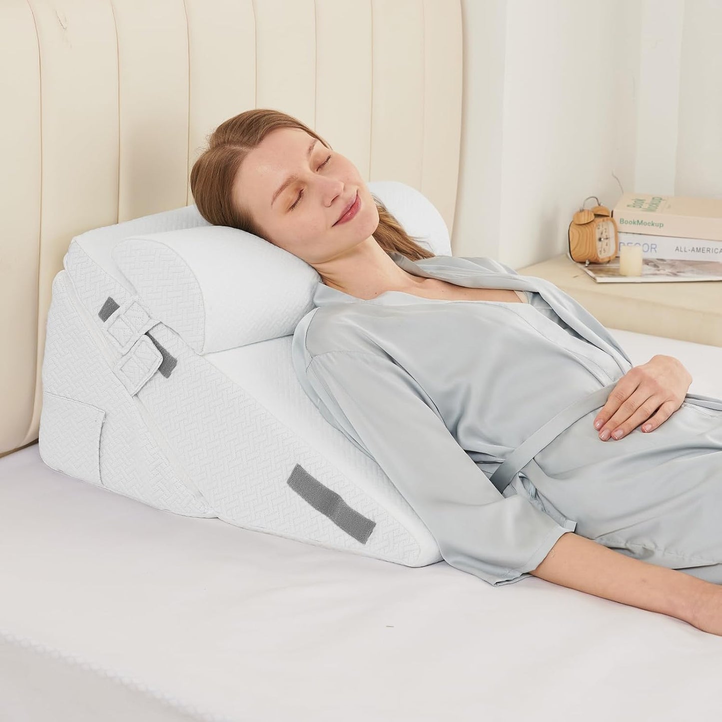 Sasttie Wedge Pillow Set for After Surgery, 2PCS Adjustable Bed Wedge Pillow Headboard with Memory Foam Neck Cushion – for Acid Reflux, Sleeping, Neck & Back Support, Dark Grey