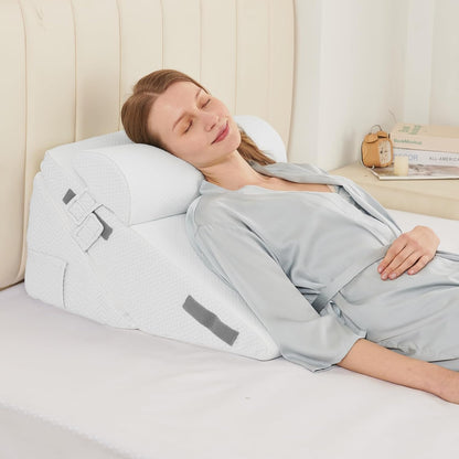 Sasttie Wedge Pillow Set for After Surgery, 2PCS Adjustable Bed Wedge Pillow Headboard with Memory Foam Neck Cushion – for Acid Reflux, Sleeping, Neck & Back Support, Dark Grey