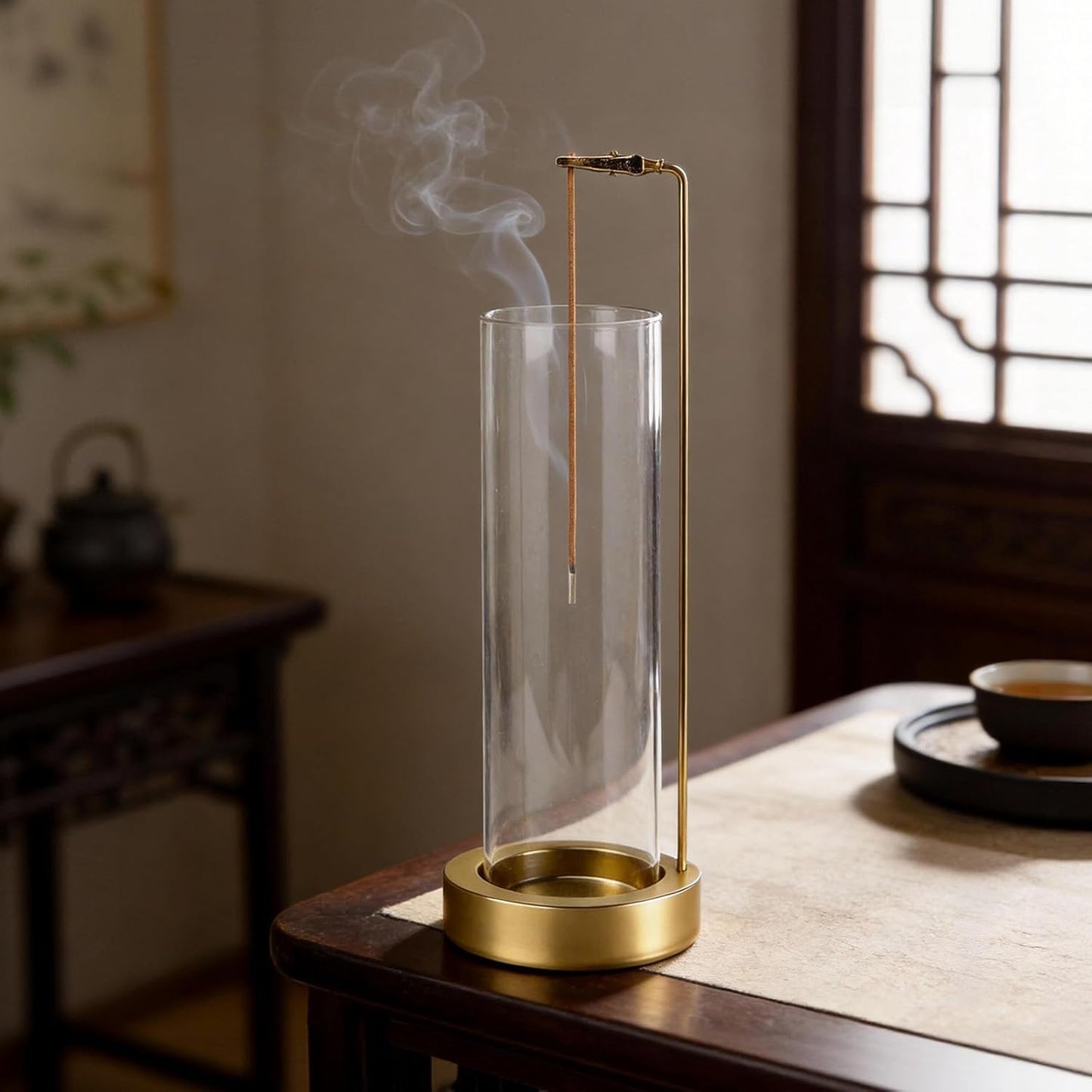 Incense Holder for Sticks, Anti-Ash Flying Incense Burner with 30 Incense Sticks, Detachable Glass Ash Catcher (Wood, Brown)