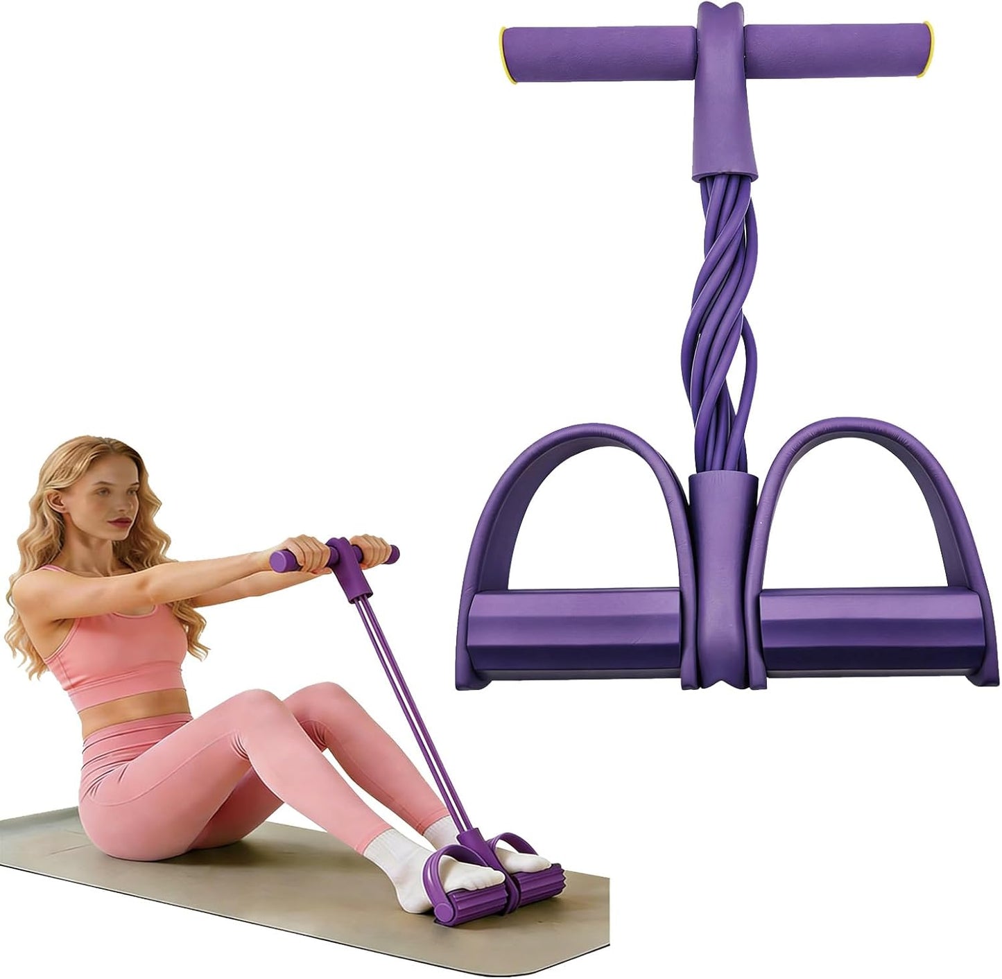 Pedal Resistance Band and Leg Massage Roller Bundle, 8-Tube Exercise Band with Handles and 9-Wheel Circular Muscle Roller, Home Workout and Self-Care Set for Arms, Legs, Calves, Thighs, Blue