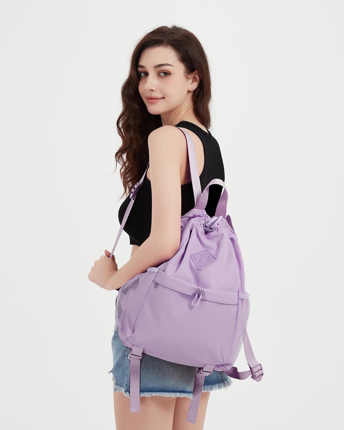 WANDF Drawstring Backpack for Women, Lightweight Gym Bag with Yoga Mat Strap, Water-Resistant String Backpack with Mesh Pocket (Grey, Patent Pending)
