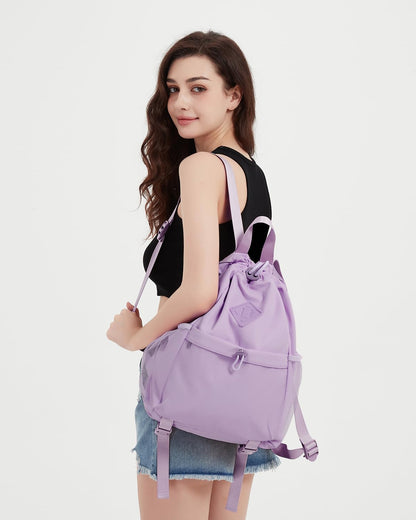 WANDF Drawstring Backpack for Women, Lightweight Gym Bag with Yoga Mat Strap, Water-Resistant String Backpack with Mesh Pocket (Grey, Patent Pending)