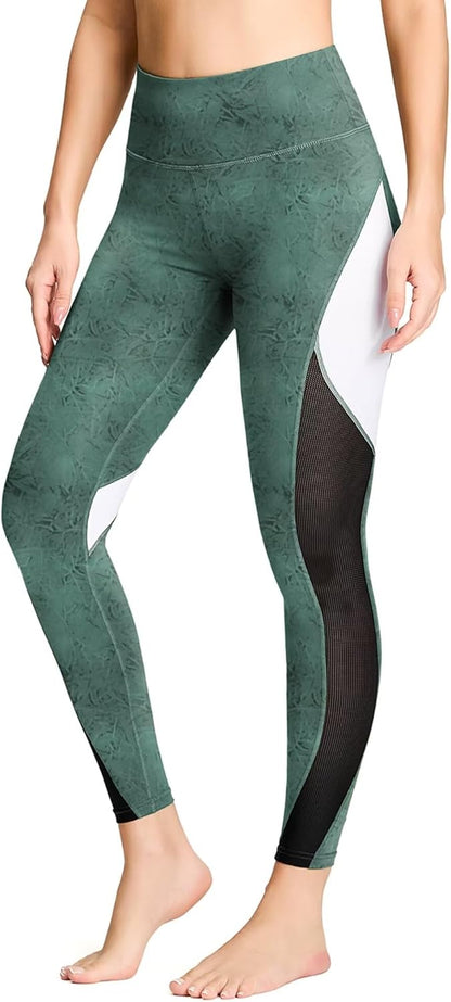 QUEENIEKE Women Yoga Pants Color Blocking Mesh Workout Running Leggings Tights