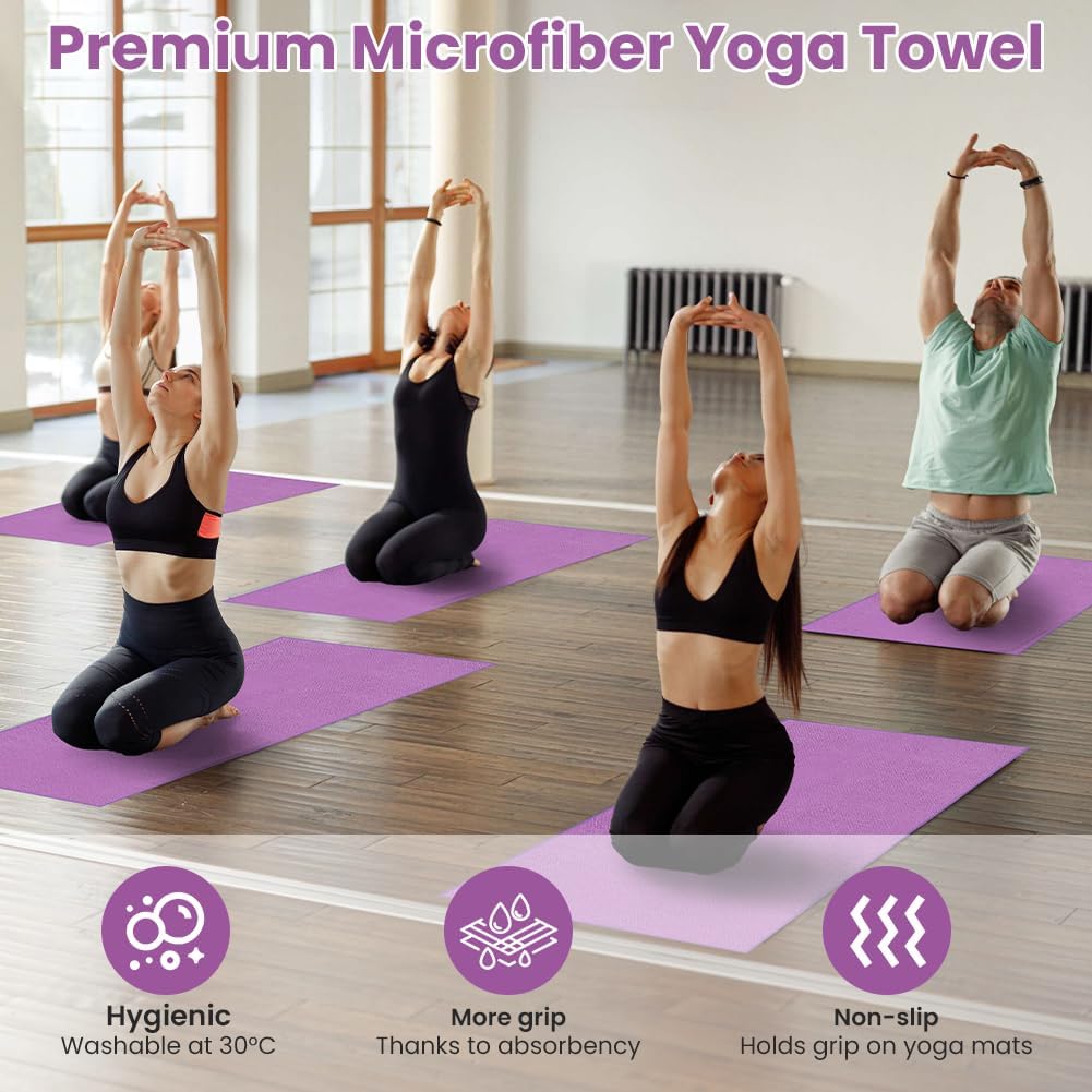 flintronic Yoga Towel, Yoga Mat Towel with Grip Dots, Microfiber Yoga Blanket Towels, Soft & Breathable, with Quick Dry Towels and Mesh Carry Bag, for Bikram, Pilates and Workout, 24" x72", Purple