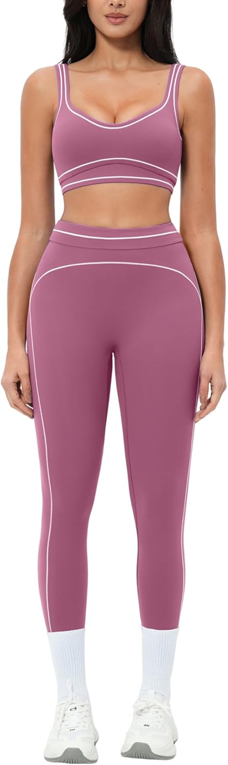 Women 2 Piece Workout U Back Color Block Sports Bra High Waist Tummy Control Active Leggings Yoga Pilates Outfits