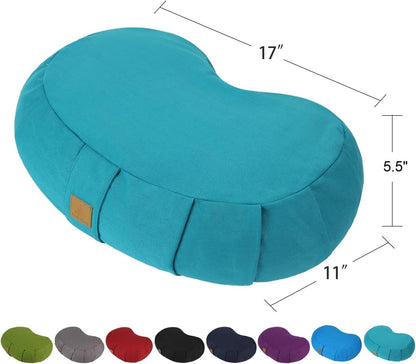 Crescent Zafu Meditation Pillow, D=17" W=11" H=5.5" Zabuton Yoga Bolster, Meditation Cushion, Floor Pouf Yoga Pillow Zippered Organic Cotton Cover Natural Buckwheat kneeling pillow - Large