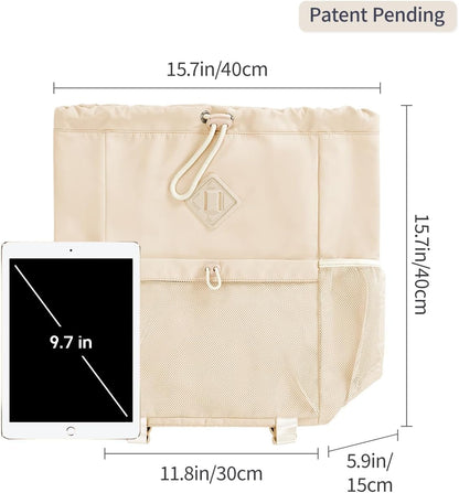 WANDF Drawstring Backpack for Women, Lightweight Gym Bag with Yoga Mat Strap, Water-Resistant String Backpack with Mesh Pocket (Grey, Patent Pending)