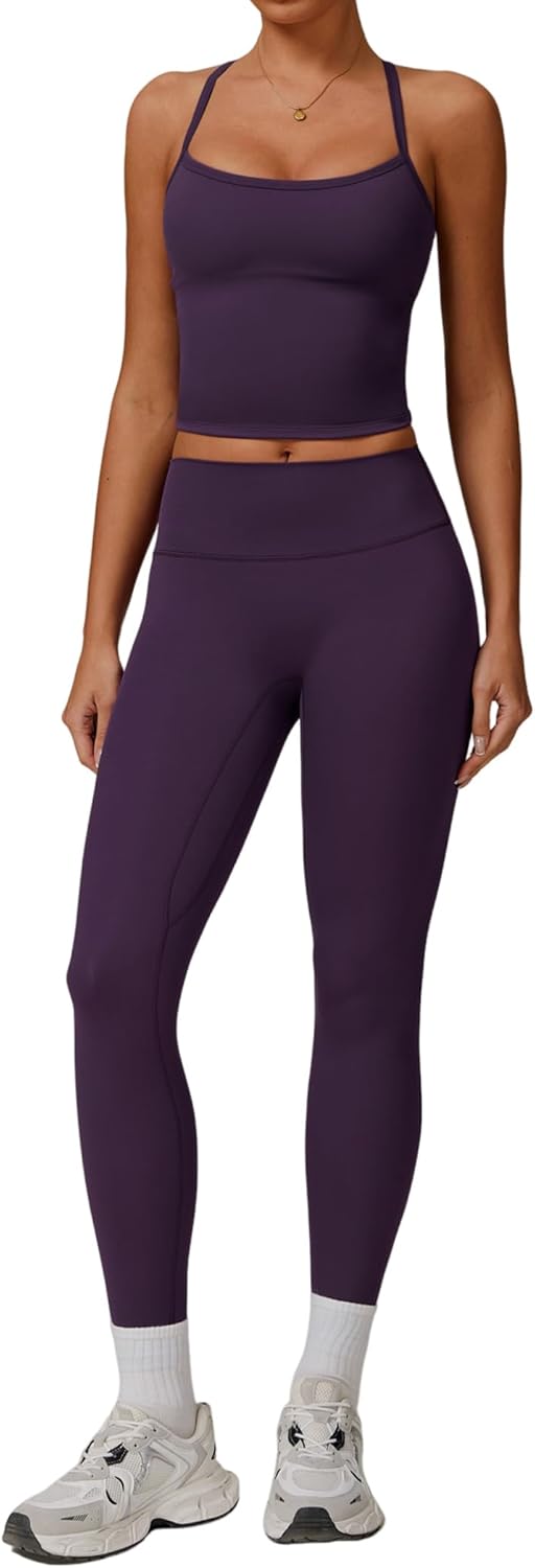 Women 2 Piece Workout Sets Padded Criss Cross Back Crop Tank High Waist Tummy Control Active Leggings Sets Yoga Outfit