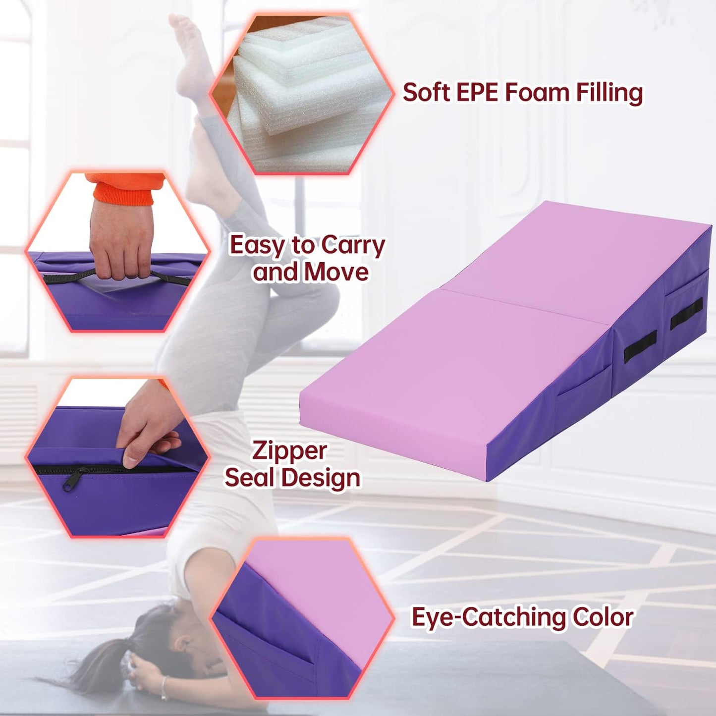 Gymnastics Mat 48”X24”X14” Incline Tumbling Mats for Home Gym, Folding Exercise Mat with Non-Slip PVC Surface & Handles, Cheese Wedge Mat for Kid Adults Workout