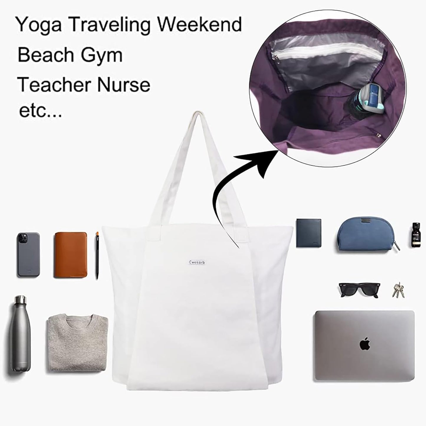 Yoga Mat Bag for Women, 100% Cotton Canvas Tote with Wet/Dry Pocket, Bottle Holder and Inner Zipper Pocket, 25L Carrier for Pilates and Travel