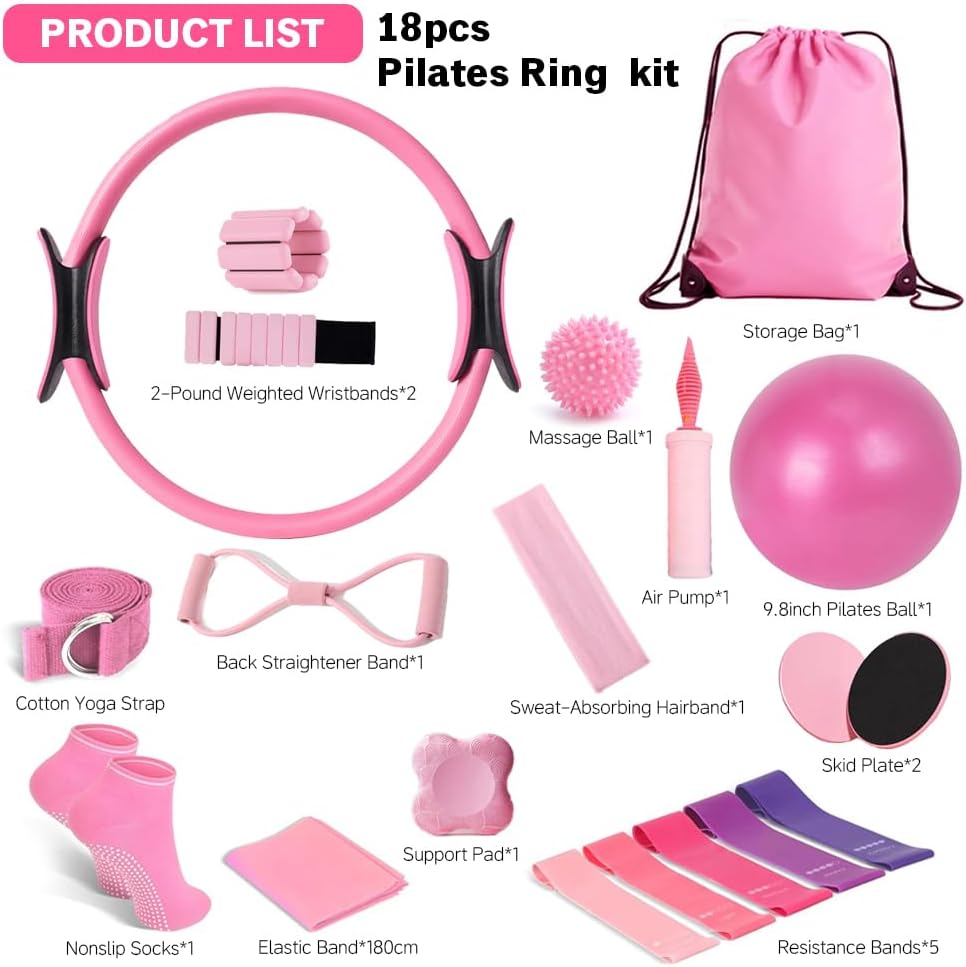 Pilates Equipment Set for Home Workouts –15in1 Home Pilates Kit with Ring and Ball Set, Resistance Bands, Pilates Yoga,Core Sliders & Ankle Weights, Pilates Essentials Kit