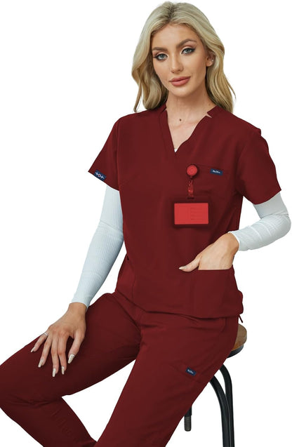 Women's V-Neck Scrubs Set With Cap, Stretchy Top and Jogger Pants, 11 Pockets Nursing Uniform