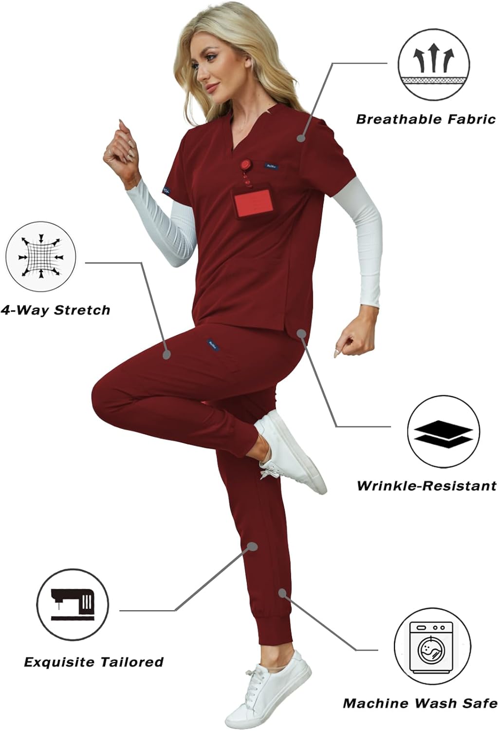 Women's V-Neck Scrubs Set With Cap, Stretchy Top and Jogger Pants, 11 Pockets Nursing Uniform