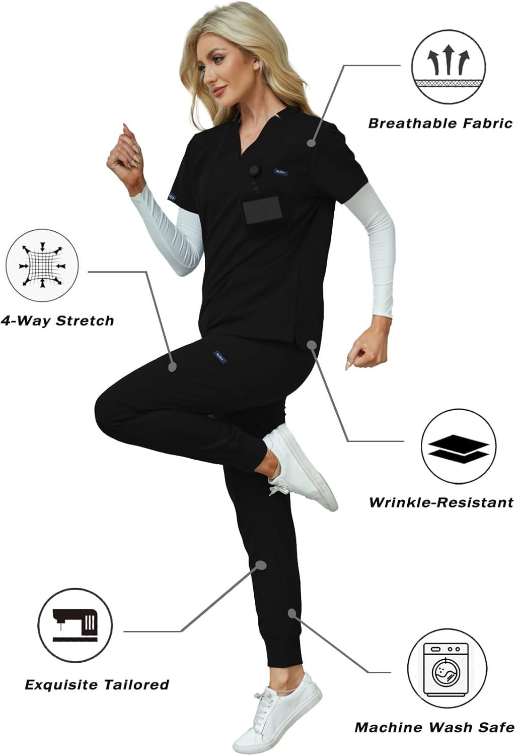 Women's V-Neck Scrubs Set With Cap, Stretchy Top and Jogger Pants, 11 Pockets Nursing Uniform