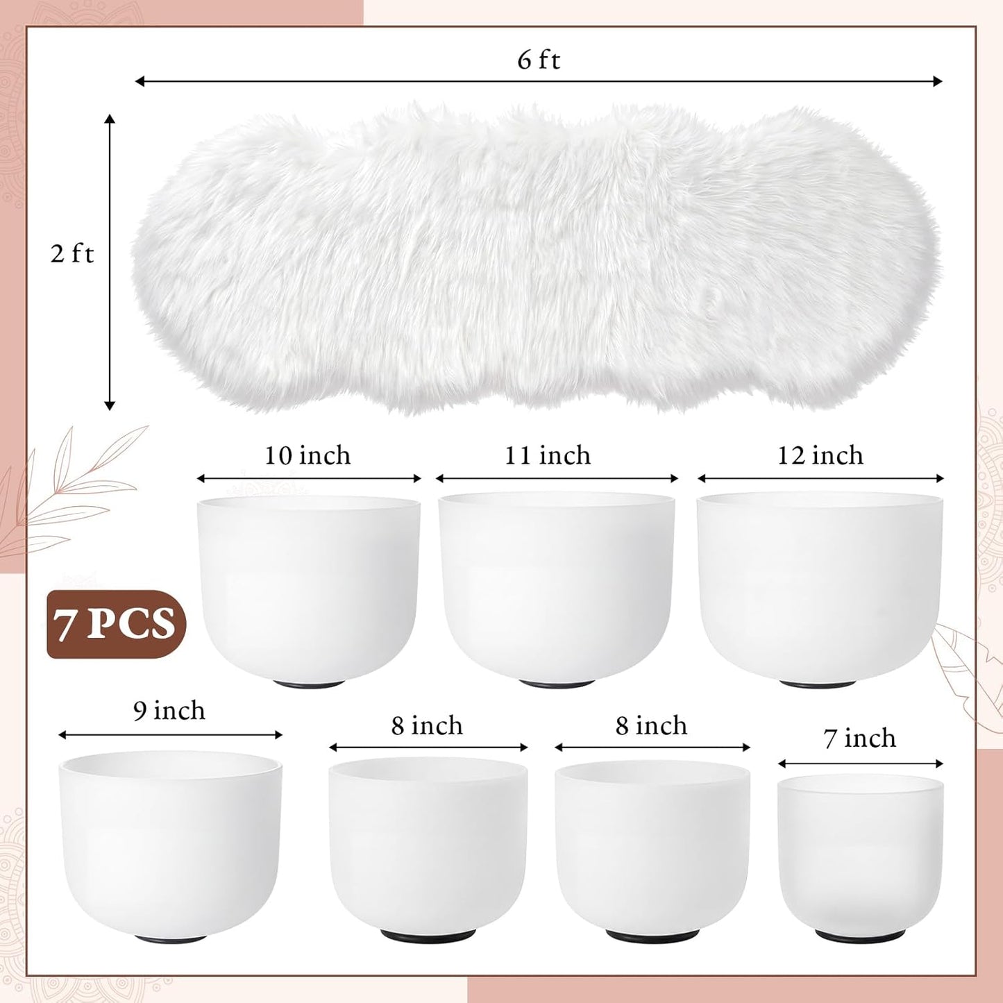 Batiyeer 7 Pcs 7-12 Inch Crystal Singing Bowl Set with 1 Pcs White Faux Sheepskin Rug for Chakra Healing, Meditation, Yoga, Sound Therapy, Mindfulness, Relaxation