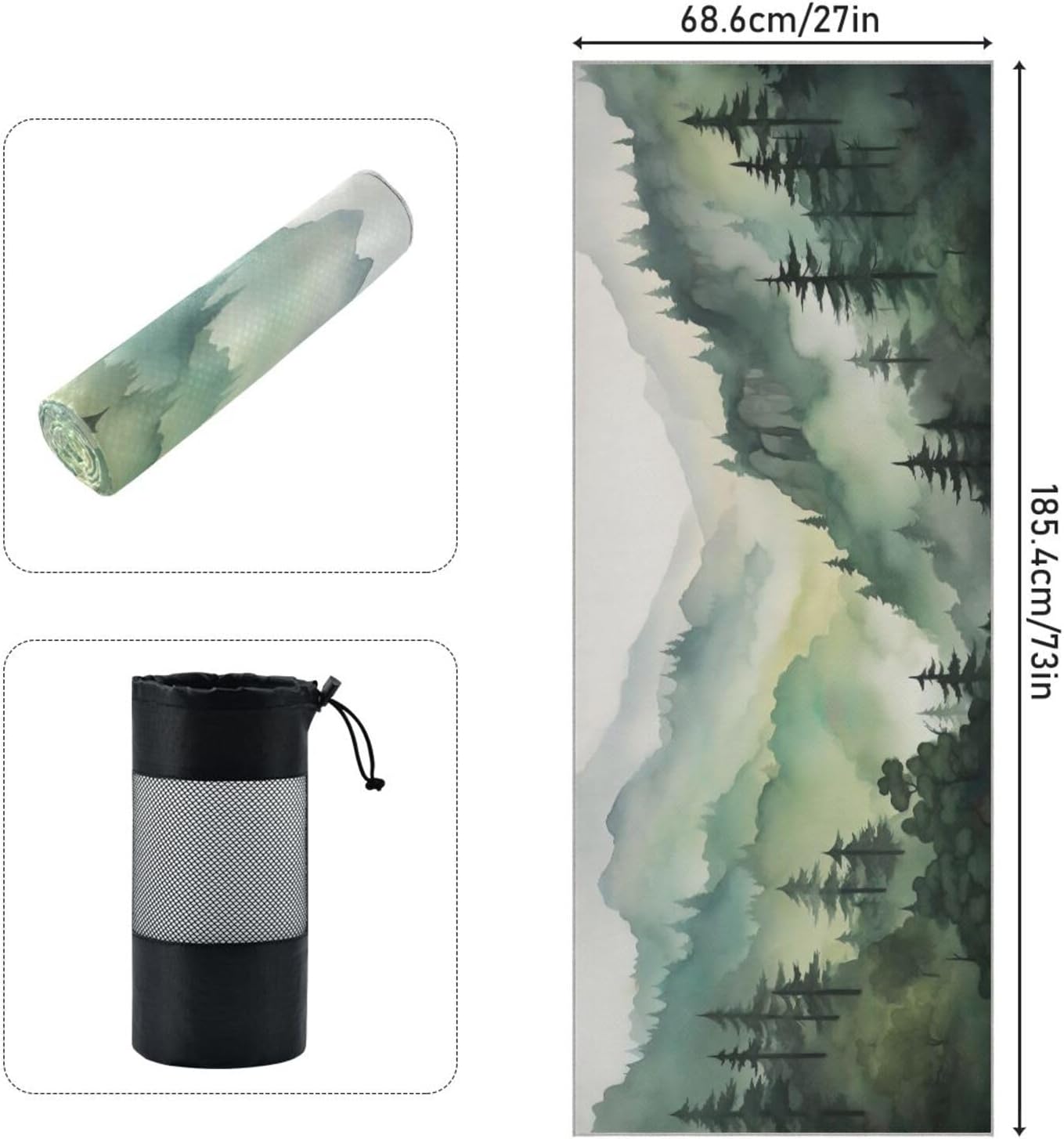 Yoga Mat Towel, Non-Slip Hot Yoga Towel, Sweat Absorbent and Non-Slip, Lightweight and Easy to Travel, Suitable for Hot Yoga, Pilates and Fitness, Watercolor Raccoon and Plant Pattern