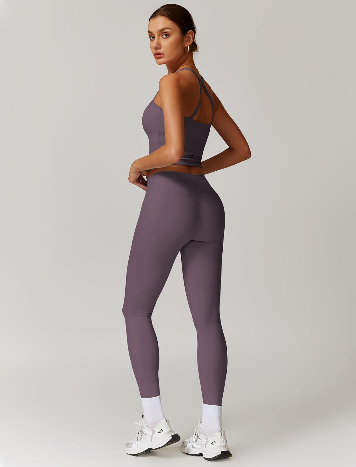 Women 2 Piece Workout Sets Padded Criss Cross Back Crop Tank High Waist Tummy Control Active Leggings Sets Yoga Outfit