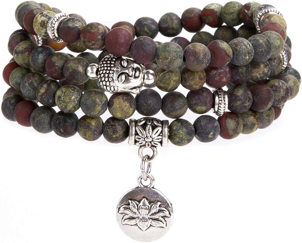 Bivei 108 Mala Beads Necklace Long Beaded Wrap Bracelets Genuine Gemstone Mala Prayer Beads Lotus Buddha Charm Yoga Meditation Necklace