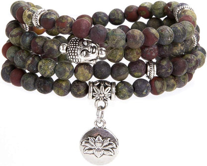 Bivei 108 Mala Beads Necklace Long Beaded Wrap Bracelets Genuine Gemstone Mala Prayer Beads Lotus Buddha Charm Yoga Meditation Necklace
