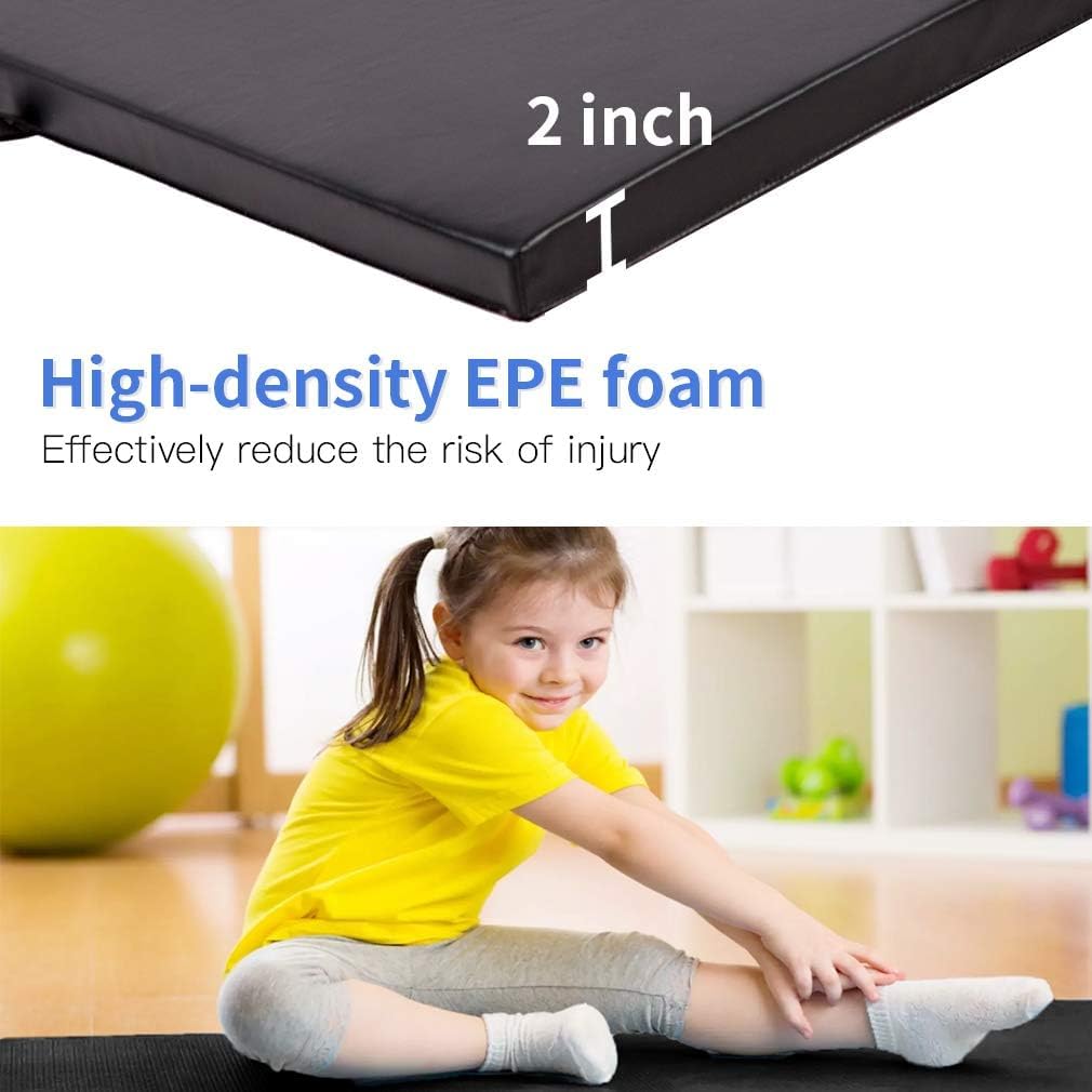 Exercise Mat 2'x6'/4'x8'/4'x10' Gymnastics Mat Folding Gymnastics Tumbling Mats 1.6"-2" Thick PU Leather Yoga Mat Portable With Carrying Handles for home Workout outdoor Yoga Pilates