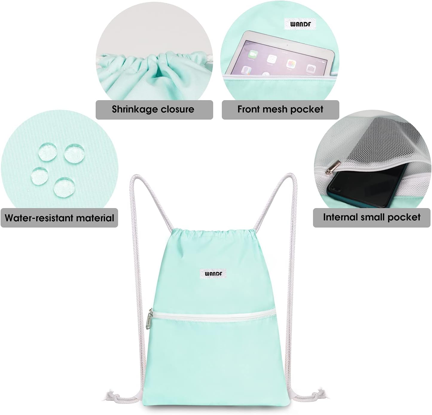 WANDF Drawstring Backpack String Bag Sackpack Cinch Water Resistant Nylon for Gym Shopping Sport Yoga (Black)