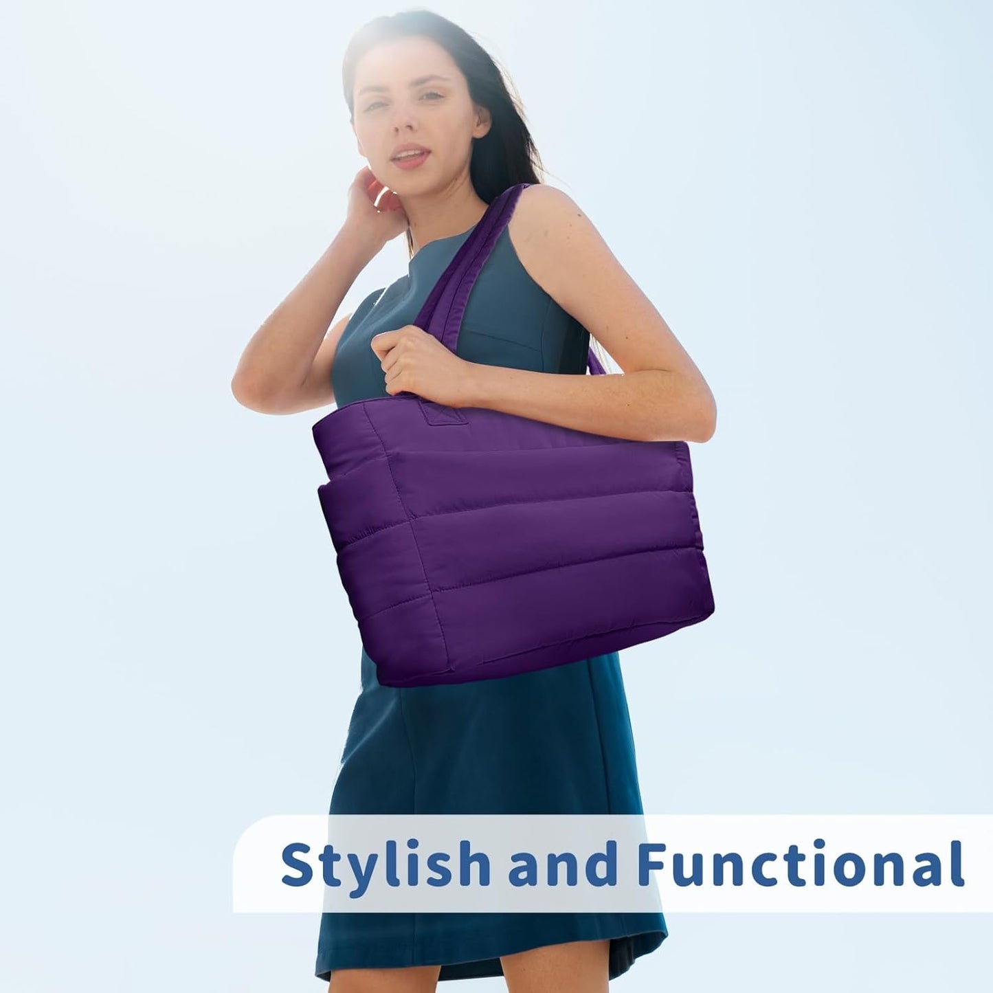 TOPDesign Puffer Tote Bag for Women, Lightweight Puffy Handbag with Compartments, Quilted Shoulder Bag for Work, Travel, Gym - Colors B