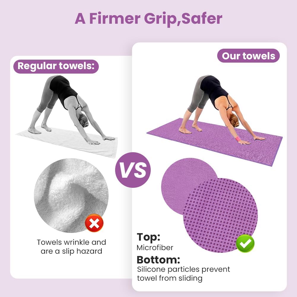 flintronic Yoga Towel, Yoga Mat Towel with Grip Dots, Microfiber Yoga Blanket Towels, Soft & Breathable, with Quick Dry Towels and Mesh Carry Bag, for Bikram, Pilates and Workout, 24" x72", Purple