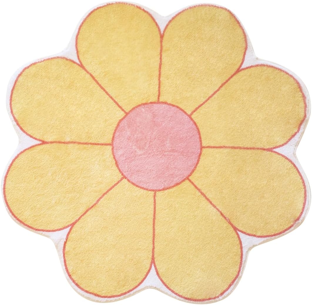 White Flower Shaped Rug, Cute Round Indoor Rug, 39.4" Diameter, High Pile Faux Wool, Non-Slip Backing
