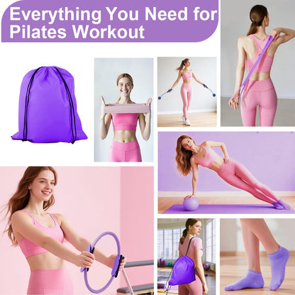 Home Pilates Kit for Women, Workout Set with 12.9" Ring, 9.8" Mini Ball, 4 Fabric Bands, Figure-8 Band, Stretch Band, D-Ring Strap, Cordless Jump Rope, Socks, Carry Bag