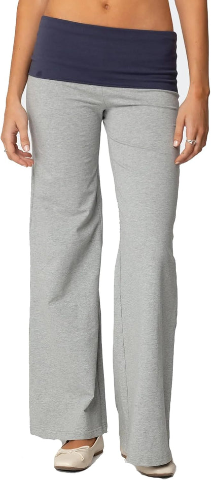 Women Y2k Fold Over Yoga Pants Colour Block Straight Leg Bottoms Low Rise Stretchy Lounge Trousers