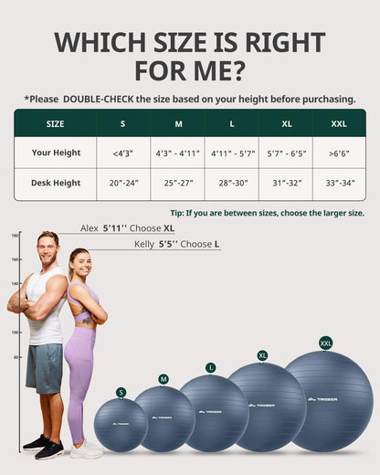 Trideer Exercise Ball for Yoga, Pilates & Fitness – Stability Ball Equipment for Home Gym & Office Chair, Core & Balance Training Accessories, Physical Therapy Equipment, Quick Pump Included, 5 Sizes