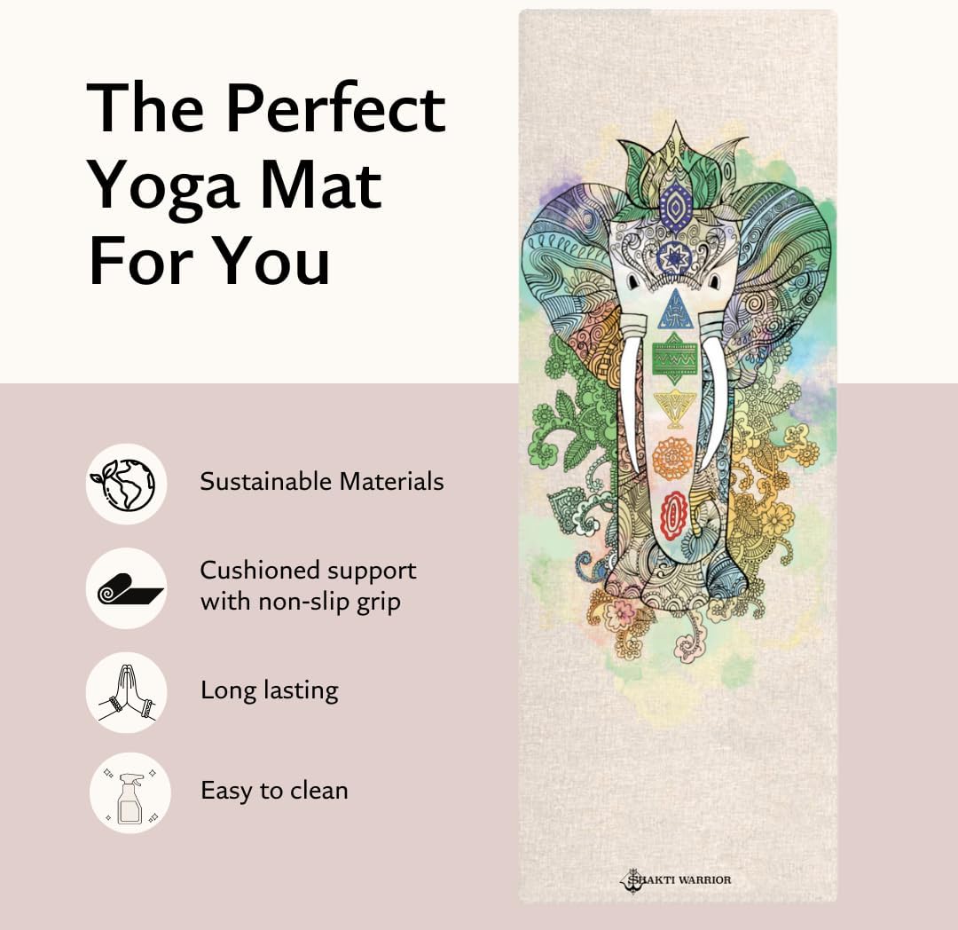 Shakti Warrior Pro Hemp Mat - Artist Designed, Premium Printed Eco-Friendly Non-Slip mat, Great for Regular & Hot Yoga, Pilates, Workouts 72 inch x 24 inch x 3mm Thick