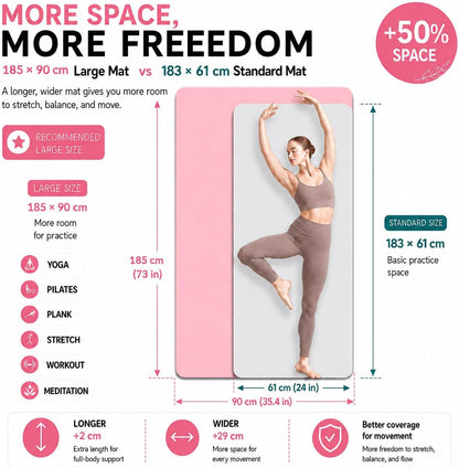 Thick TPE Yoga Mat, Non-Slip Eco-Friendly Exercise Mat with Carrying Strap for Yoga, Pilates and Home Workouts, Standard and Extra Wide Options