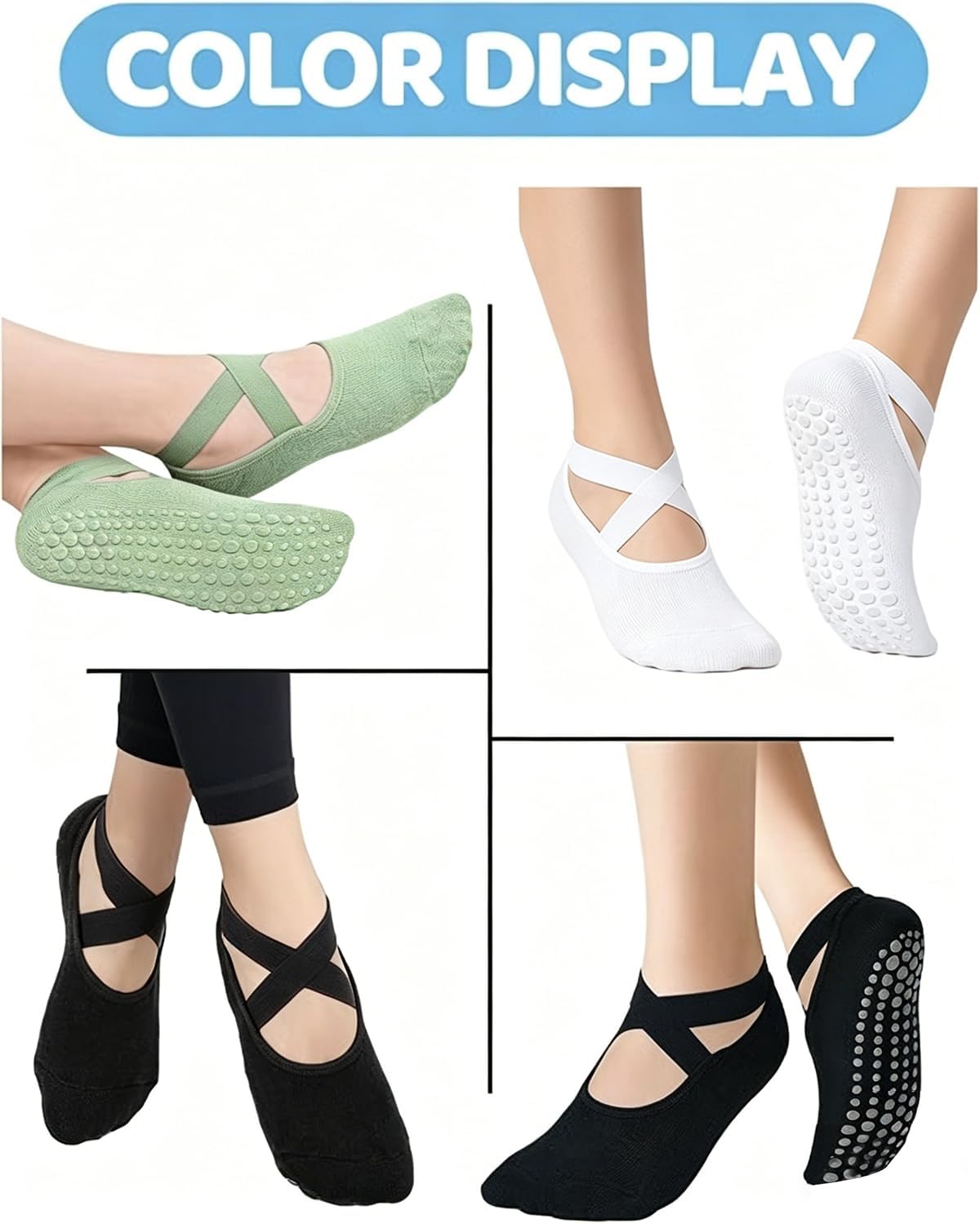AURUZA Pilates Grip Socks for Women Non Slip Skid Yoga Socks with Grips Straps for Ballet Dance Workout Gripper Sock