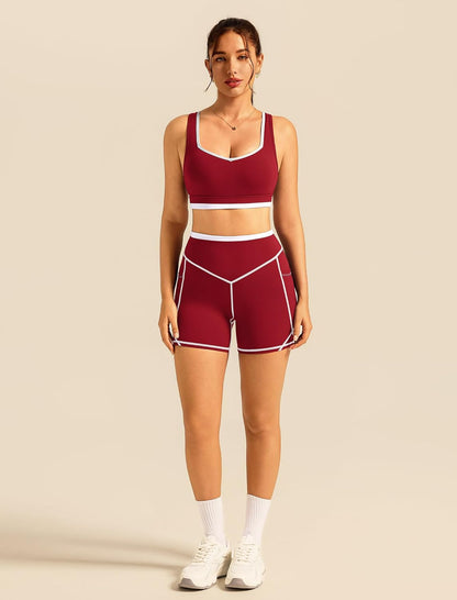 ABOCIW Womens Two Piece Workout Sets Color Block Sports Bra Matching High Waist Biker Shorts Active Gym Yoga Outfits