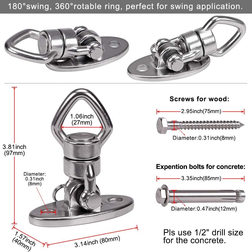BeneLabel Swing Hanger with Bearing Swivel 800LB Capacity Stainless Steel Ceiling Mount Bracket Hanging Kit for Aerial Silks, Swings, Hammocks, Hanging Chair, Aerial Hoop, Heavy Bag, Yoga Swing