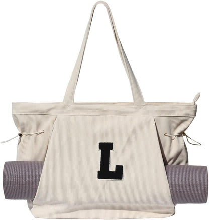 ESVAN Corduroy Yoga Tote Bag Gifts for Women Drawstring Yoga Mat Bag for Office Workout Travel Carryall Pilates Gym