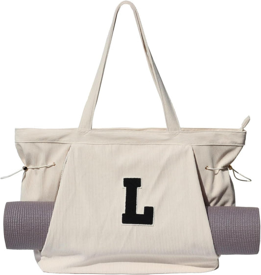 ESVAN Corduroy Yoga Tote Bag Gifts for Women Drawstring Yoga Mat Bag for Office Workout Travel Carryall Pilates Gym