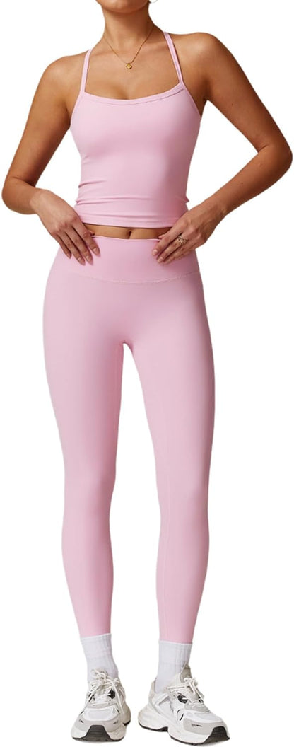 Women 2 Piece Workout Sets Padded Criss Cross Back Crop Tank High Waist Tummy Control Active Leggings Sets Yoga Outfit