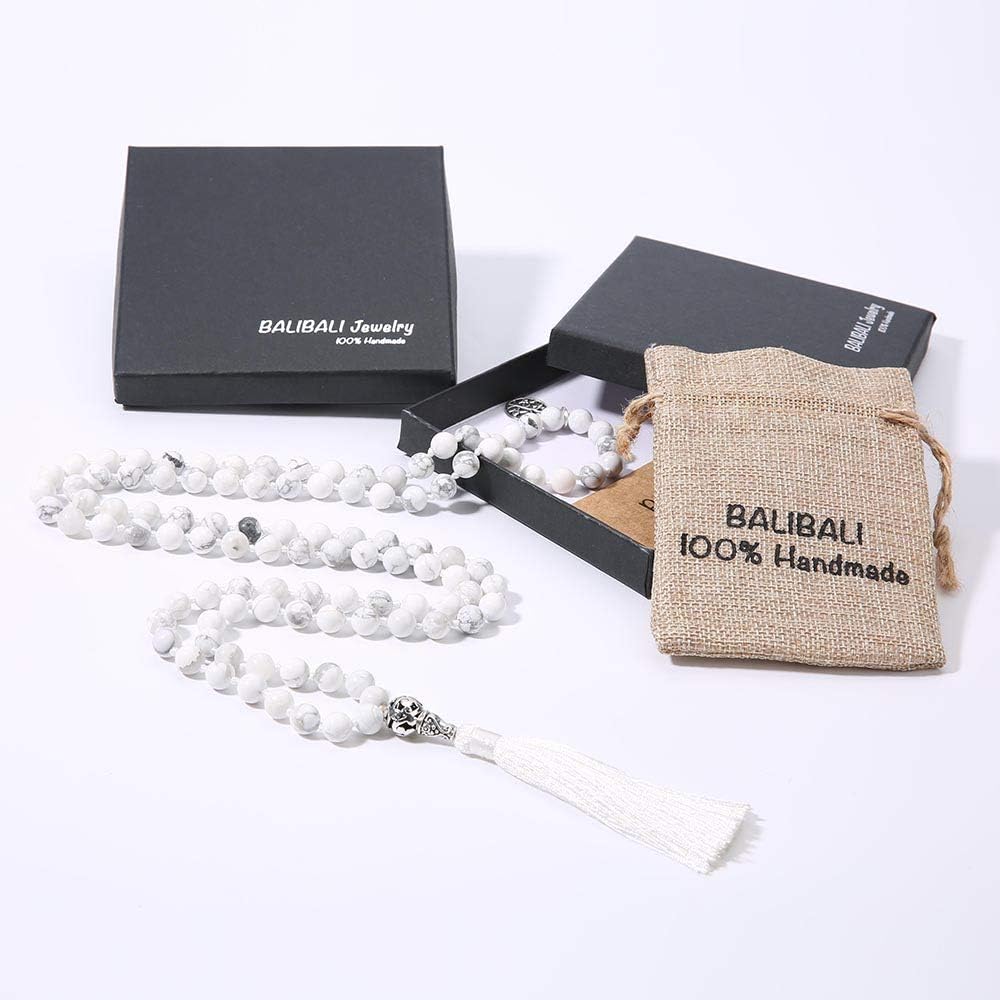 108 Mala Beads Necklace Semi-Precious Gem Stones Meditation Necklace 108 Hand Knotted Japa Mala Beaded Tassel Necklace with Tree of Life Pendant