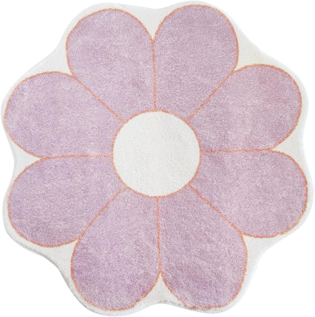 White Flower Shaped Rug, Cute Round Indoor Rug, 39.4" Diameter, High Pile Faux Wool, Non-Slip Backing