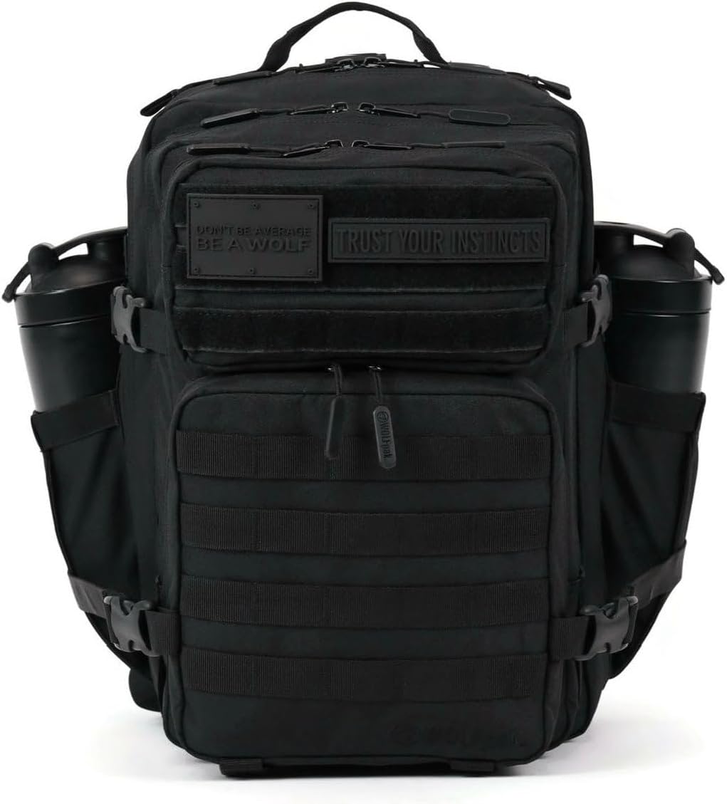 WOLFpak 35L Tactical Gym Backpack (Alpha Black) Durable 1000D Waterproof Oxford Material with MOLLE Webbing, Laptop Pocket & Dual Cup Holders, Durable Fitness/Travel/Military Daypack