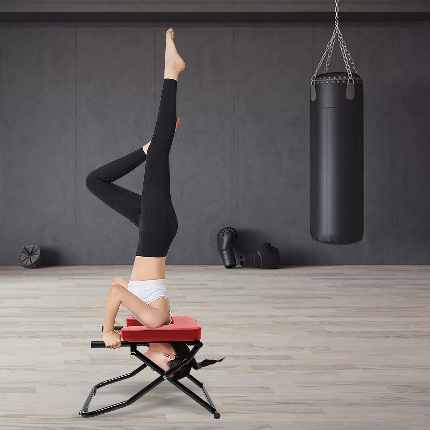 Yoga Headstand Bench Inversion Chair, Foldable Stand Inversion Stool Practice Head Stand Equipment Shoulderstand and Strength Training, Red